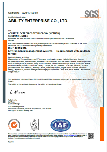ISO14001_2015 Environmental Management System Certificate-Ability Electronics VN